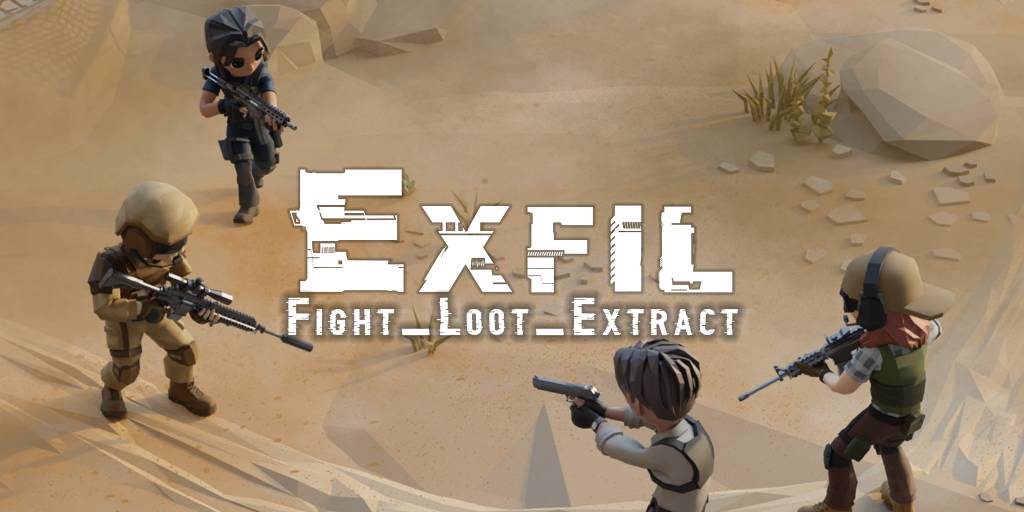 Exfil splash art of the squad raiding a desert map